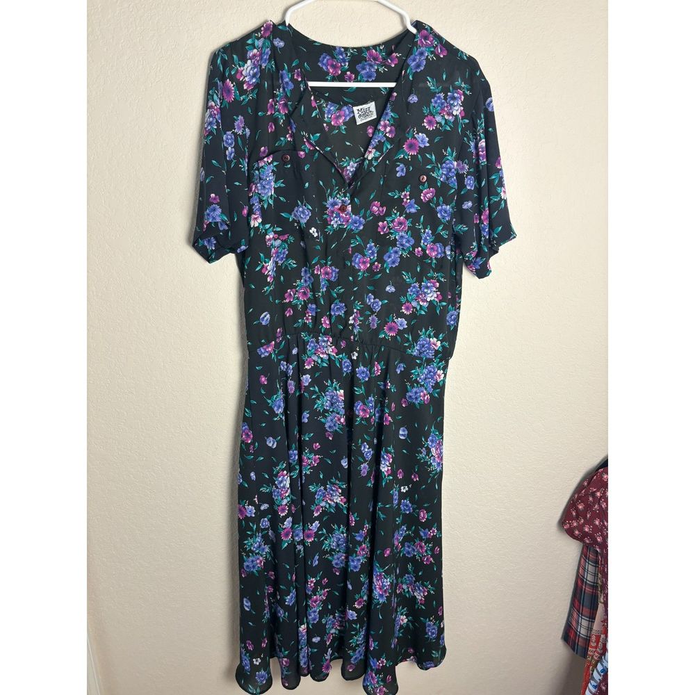 Vintage 80s Sheer Black and Purple Miss Oops Floral Blouson Dress Boho Sz M